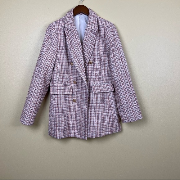 Blazer Plaid Double Breasted Tweed Gold Buttons Red Large - Picture 1 of 7